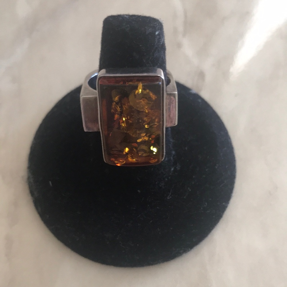 Amber Rectangular Silver Ring - image 1